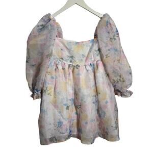 For Love Bell Silky Puff Sleeve Mini Dress Women M Pastel Floral Fairy Cottage